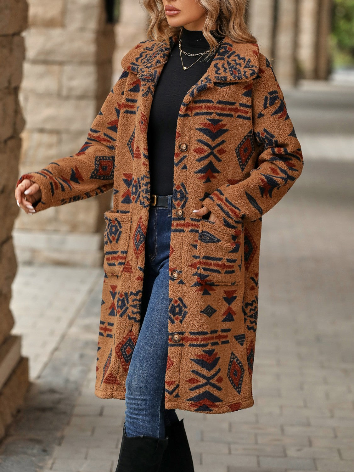 Geometric Pocketed Dropped Shoulder Coat-Angel Casuals