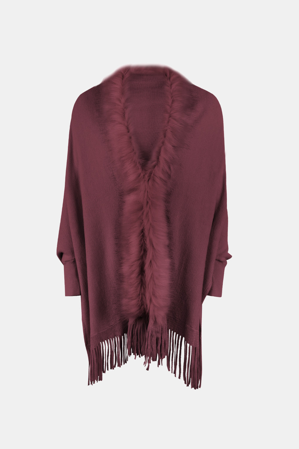 Fringe Open Front Long Sleeve Poncho-Angel Casuals