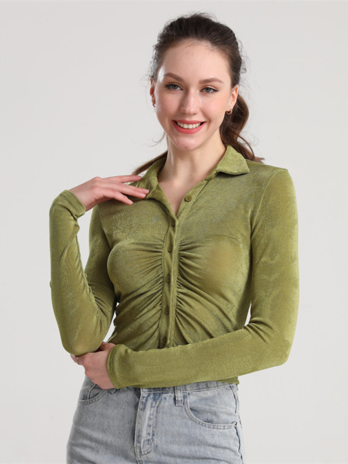 Ruched Button Up Long Sleeve T-Shirt-Angel Casuals