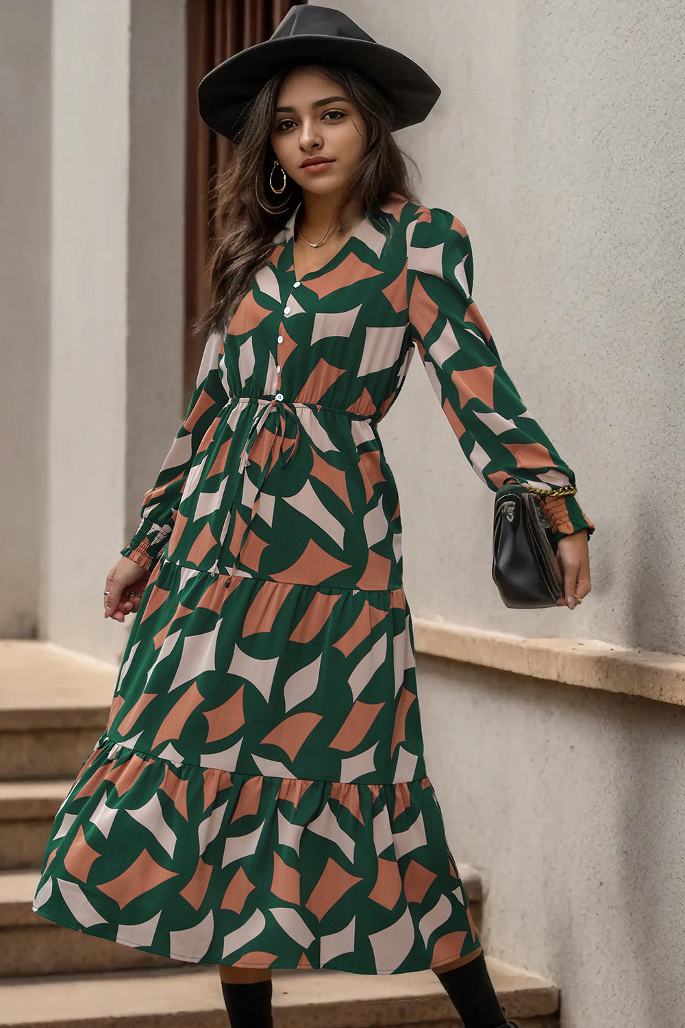 Printed Tied Pocketed Lantern Sleeve Dress-Angel Casuals
