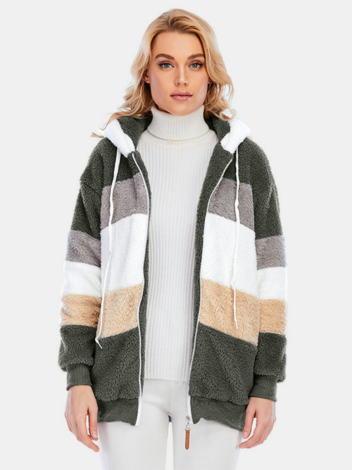 Full Size Drawstring Color Block Zip Up Hooded Outerwear-Angel Casuals