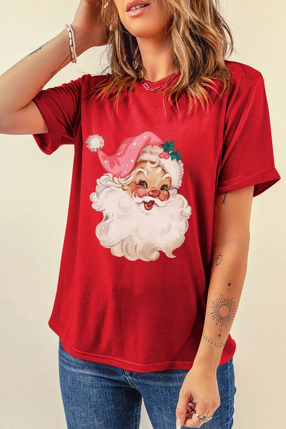 Santa Round Neck Short Sleeve T-Shirt-Angel Casuals