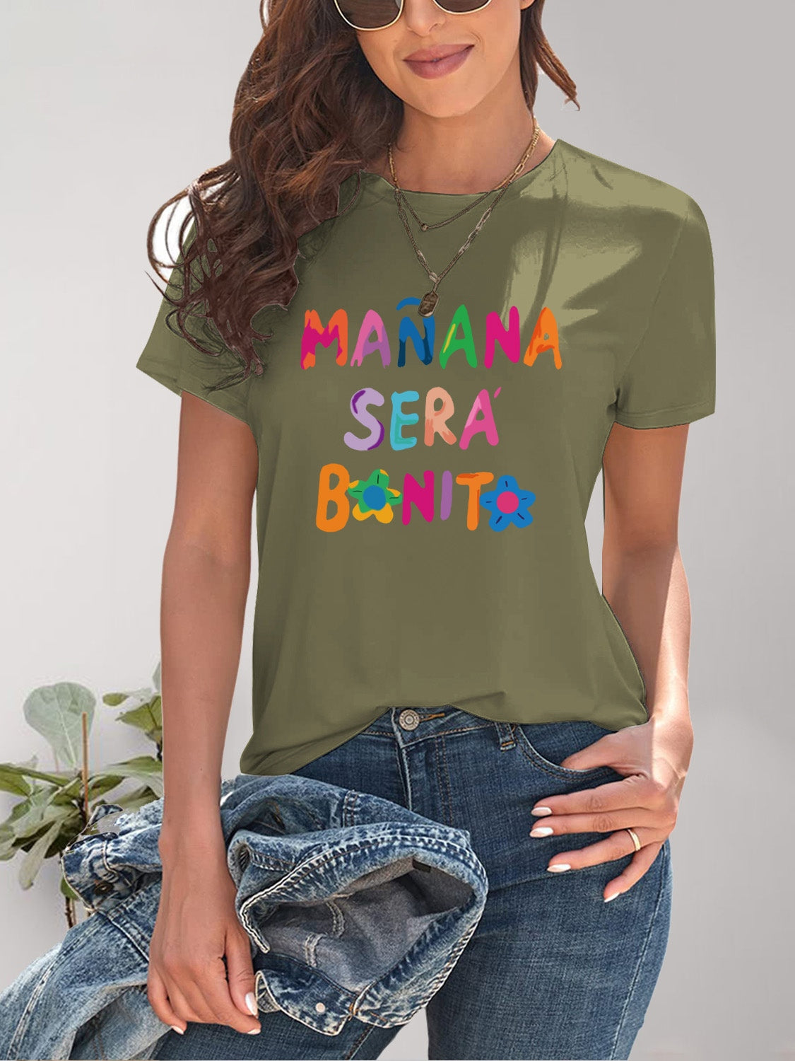 Letter Graphic Round Neck Short Sleeve T-Shirt-Angel Casuals