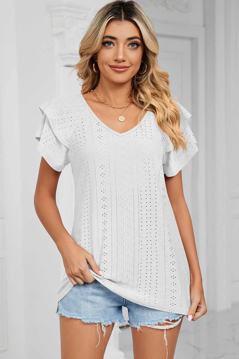 Eyelet V-Neck Short Sleeve T-Shirt-Angel Casuals
