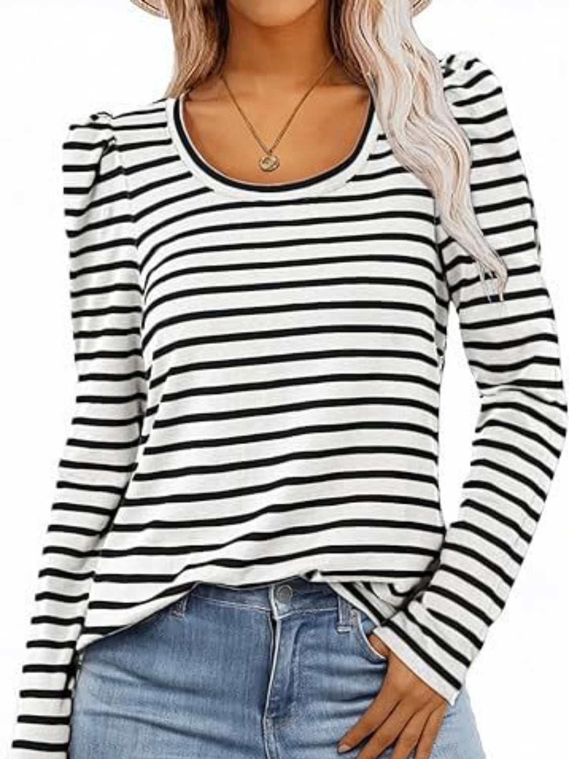 Striped Round Neck Long Sleeve T-Shirt-Angel Casuals