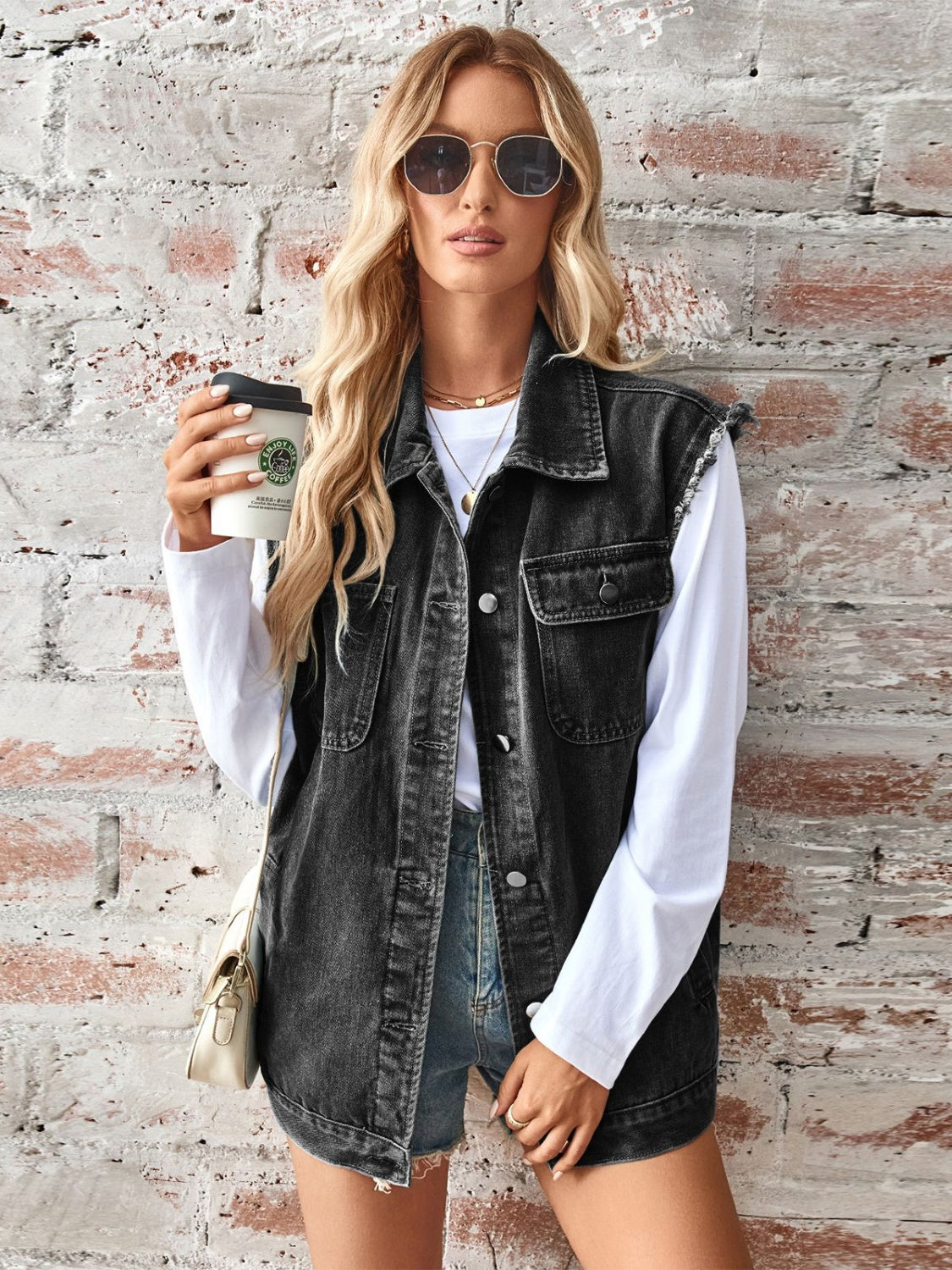 Raw Hem Sleeveless Button Up Denim Jacket-Angel Casuals