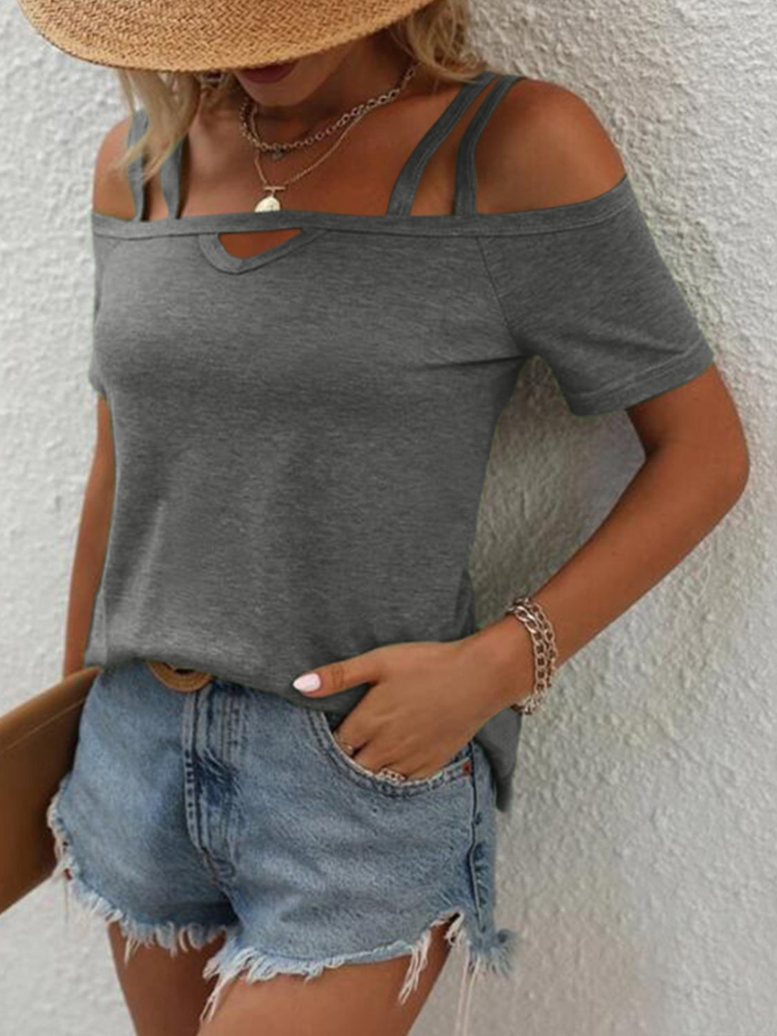 Double Spaghetti Straps Short Sleeve T-Shirt-Angel Casuals