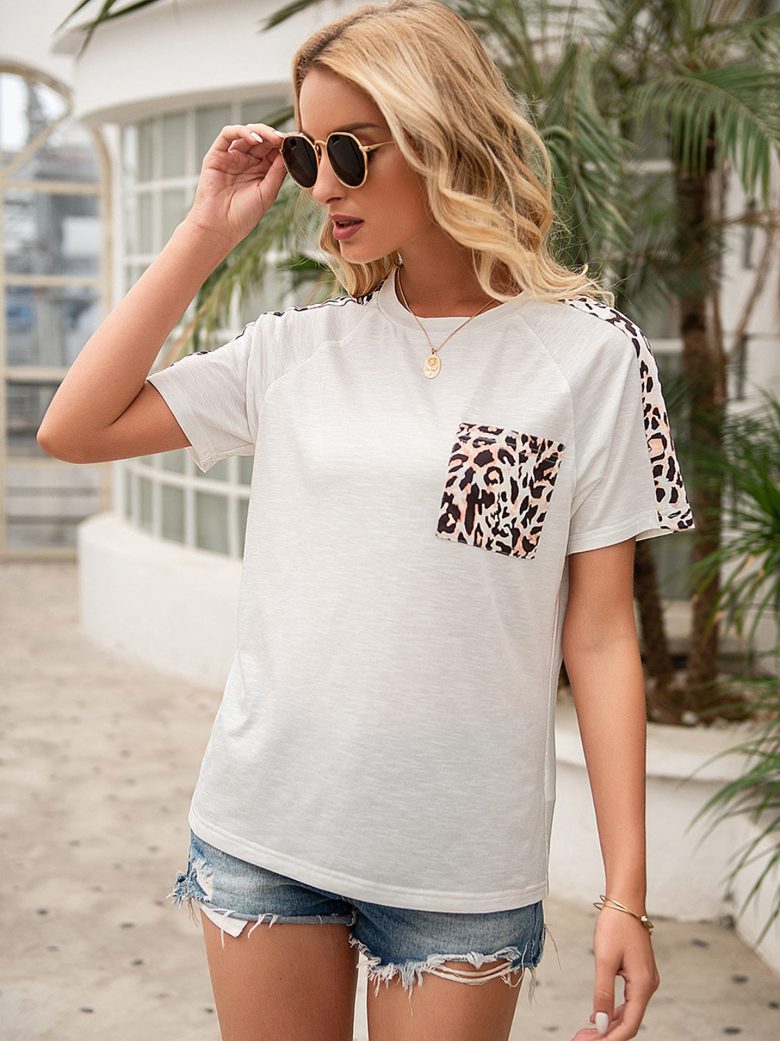 Pocketed Leopard Round Neck Short Sleeve T-Shirt-Angel Casuals