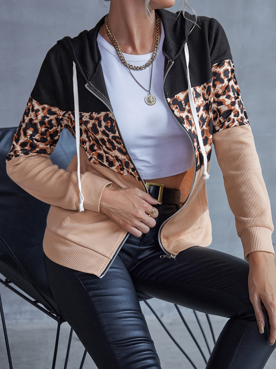 Ivy Lane Drawstring Leopard Zip Up Hooded Jacket-Angel Casuals