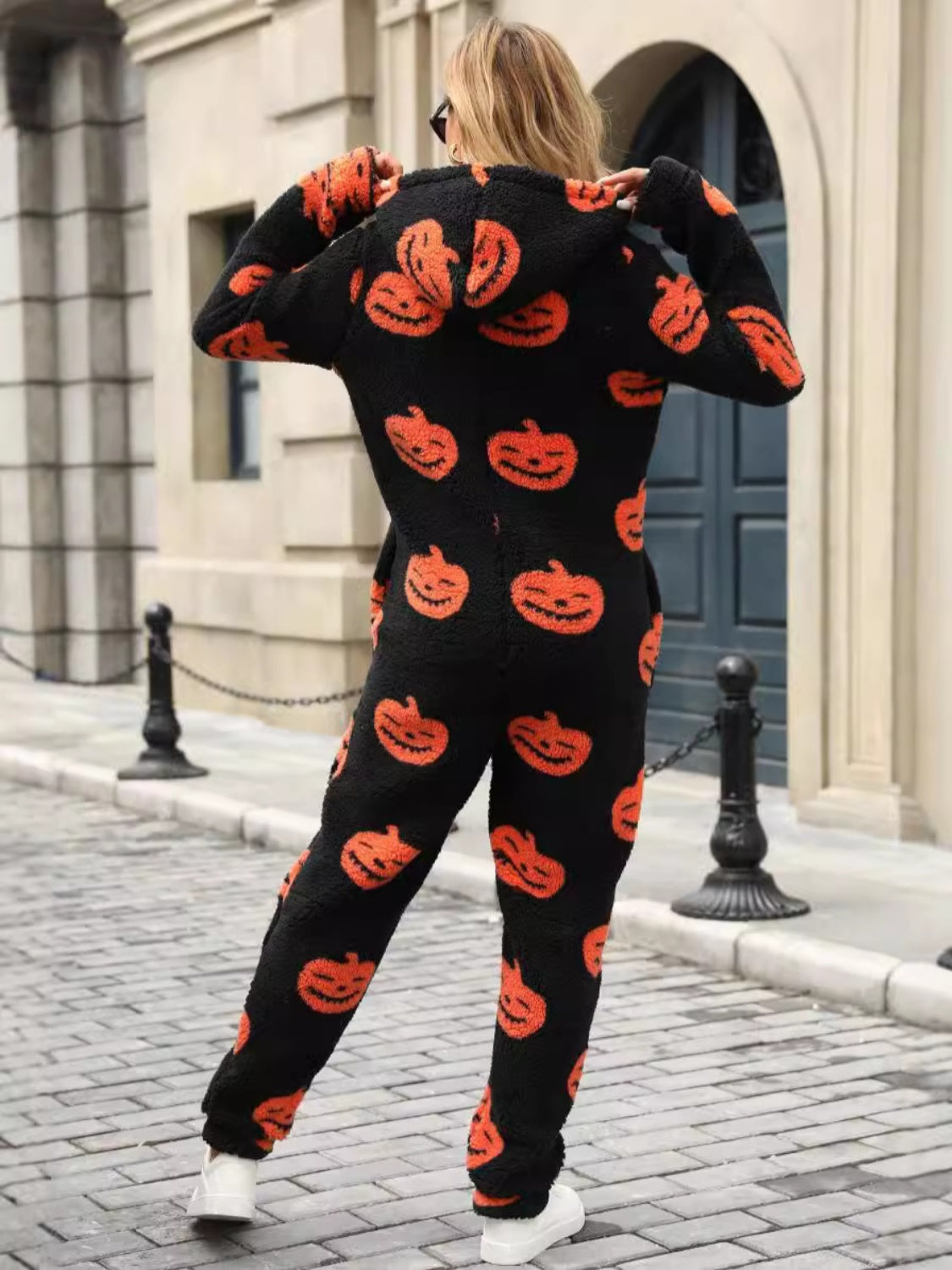 Fuzzy Pumpkin Half Zip Hooded Jumpsuit-Angel Casuals