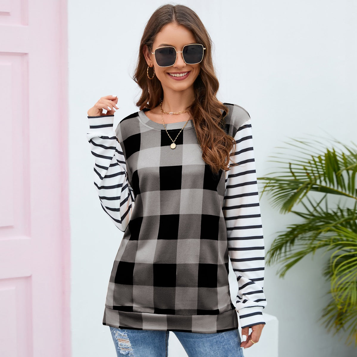 Plaid Striped Round Neck Long Sleeve T-Shirt-Angel Casuals