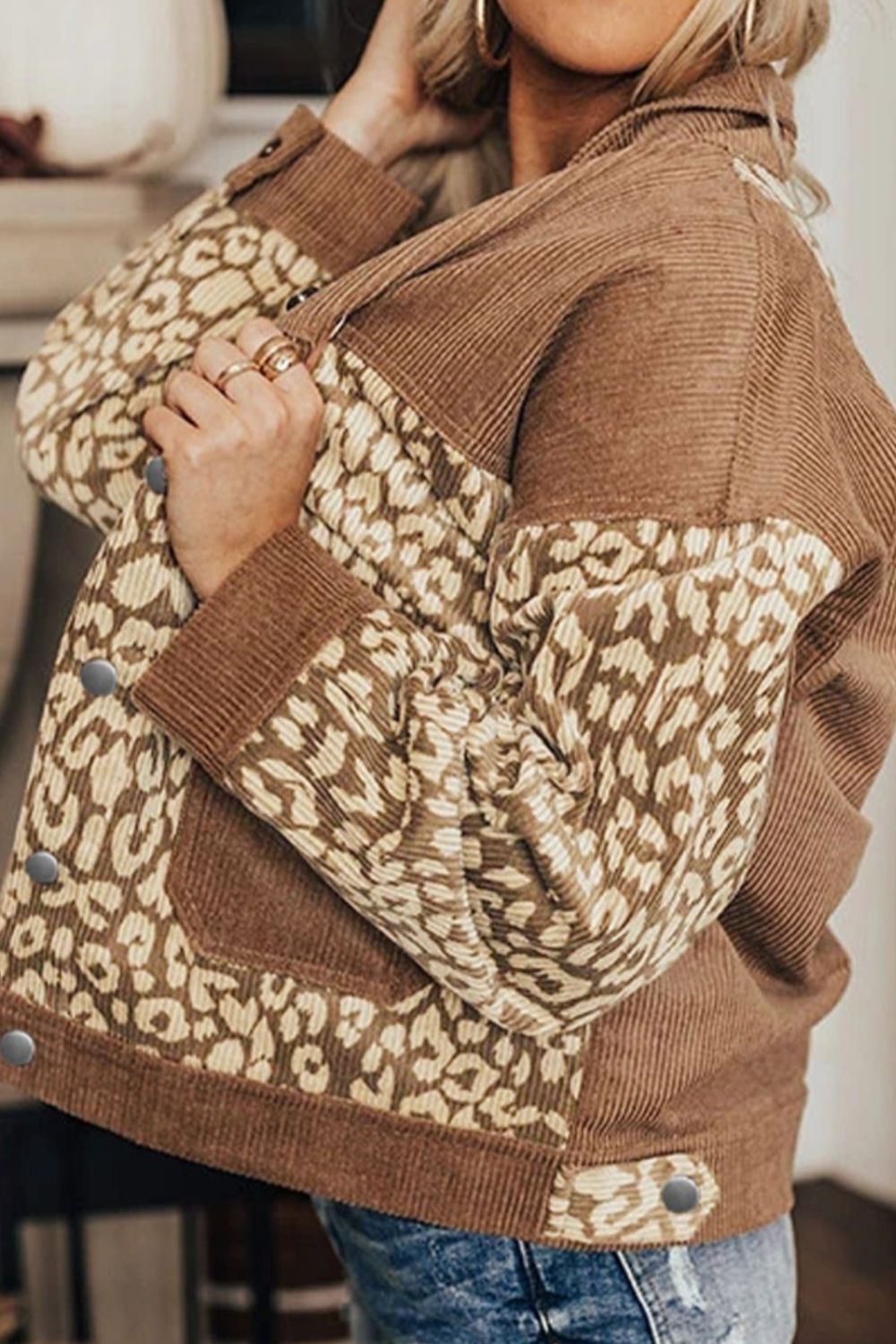Leopard Button Up Drop Shoulder Jacket-Angel Casuals