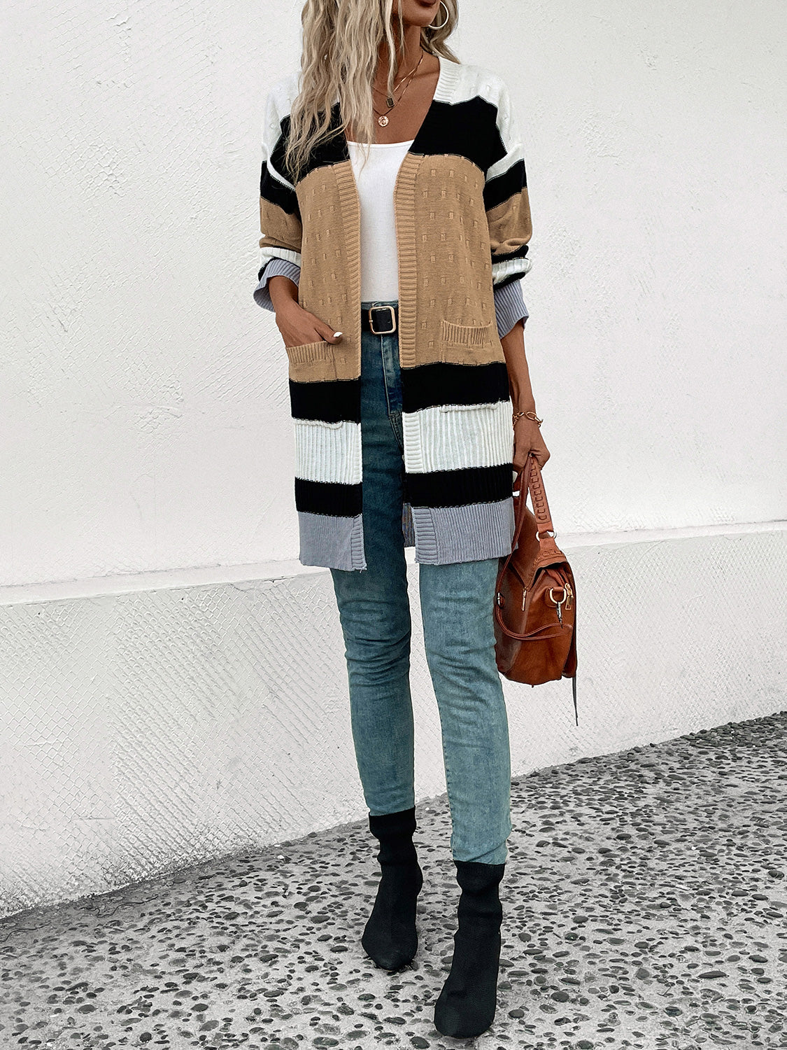 Perfee Color Block Open Front Drop Shoulder Cardigan-Angel Casuals