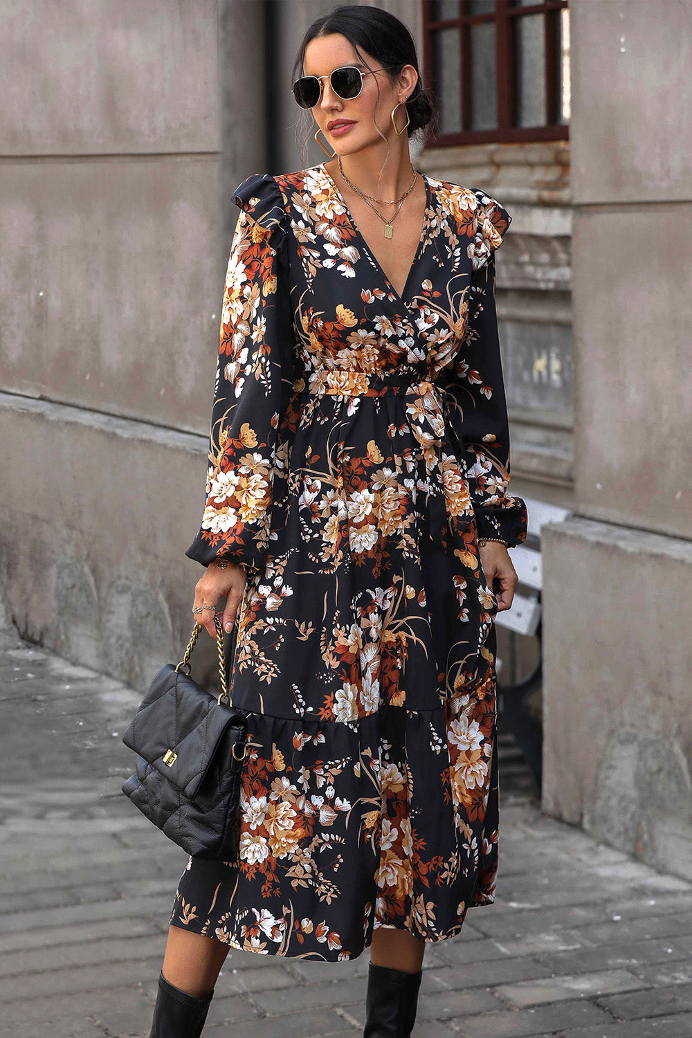 Floral Surplice Tie Front Ruffle Hem Midi Dress-Angel Casuals