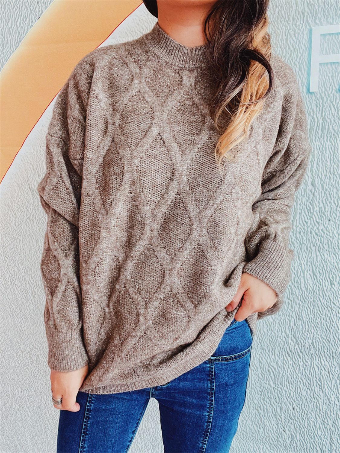 Diamond Round Neck Long Sleeve Sweater-Angel Casuals