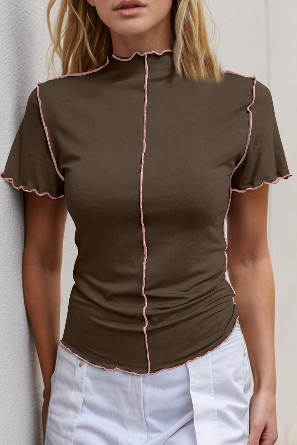 Basic Bae Contrast Trim Mock Neck Short Sleeve T-Shirt-Angel Casuals