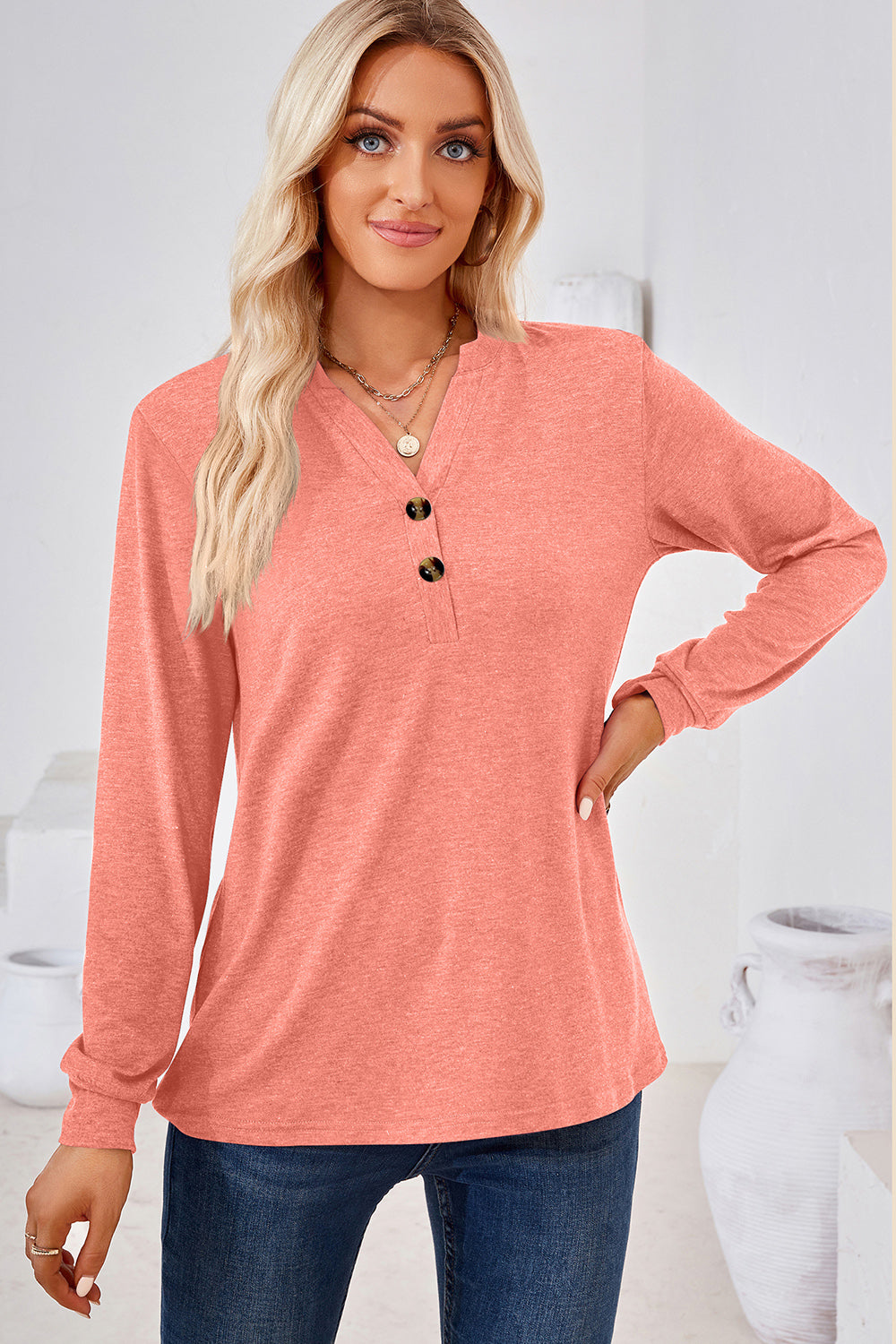 Notched Button Detail Long Sleeve T-Shirt-Angel Casuals