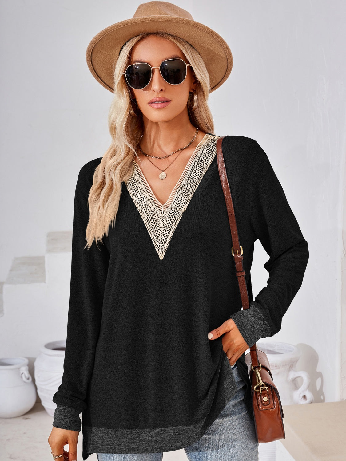 Crochet Contrast V-Neck Long Sleeve Slit T-Shirt-Angel Casuals