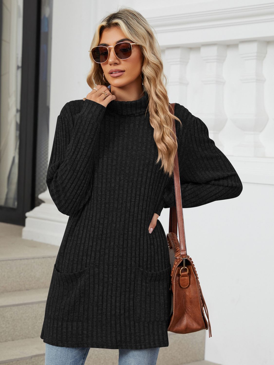 Ribbed Mock Neck Long Sleeve T-Shirt-Angel Casuals