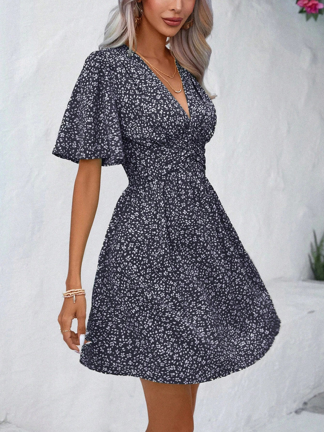 Printed V-Neck Half Sleeve Mini Dress-Angel Casuals