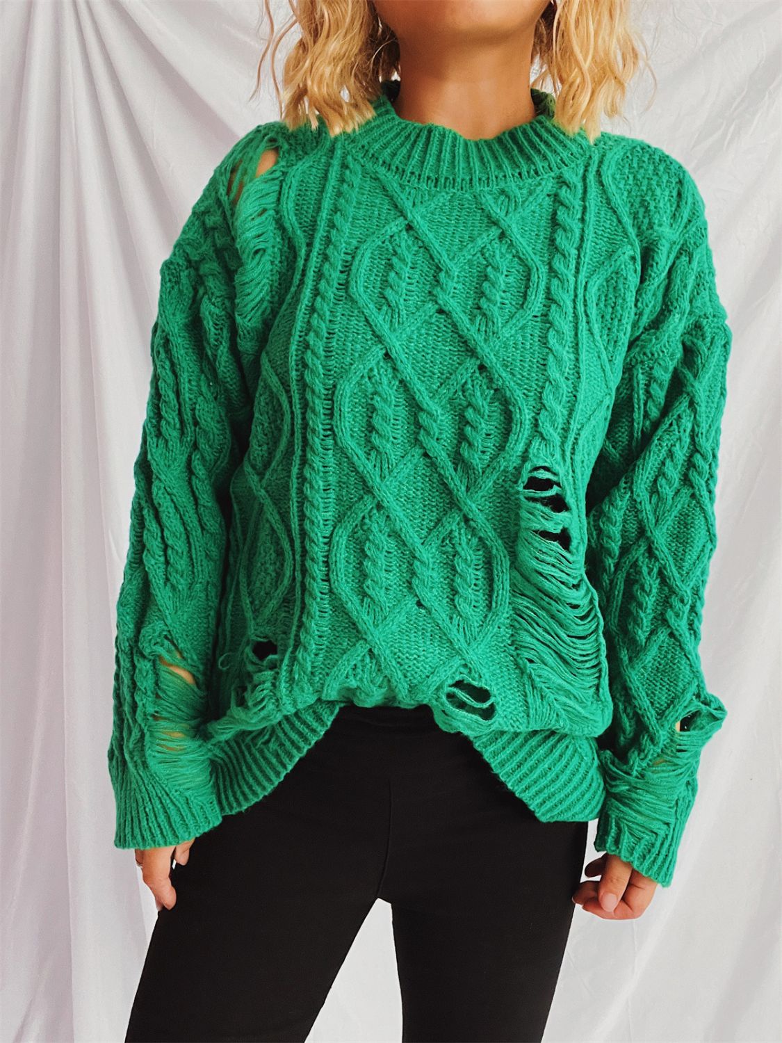 Distressed Cable-Knit Round Neck Long Sleeve Sweater-Angel Casuals