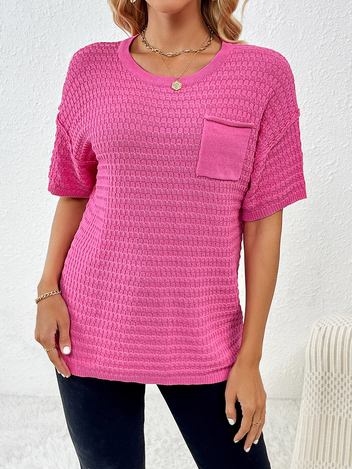 Round Neck Half Sleeve Knit Top-Angel Casuals