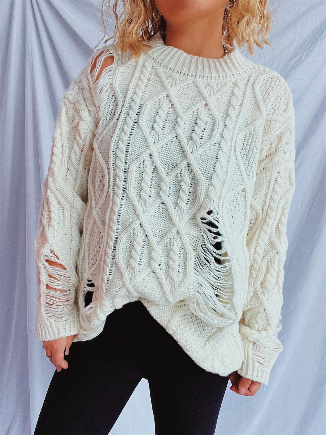 Distressed Cable-Knit Round Neck Long Sleeve Sweater-Angel Casuals