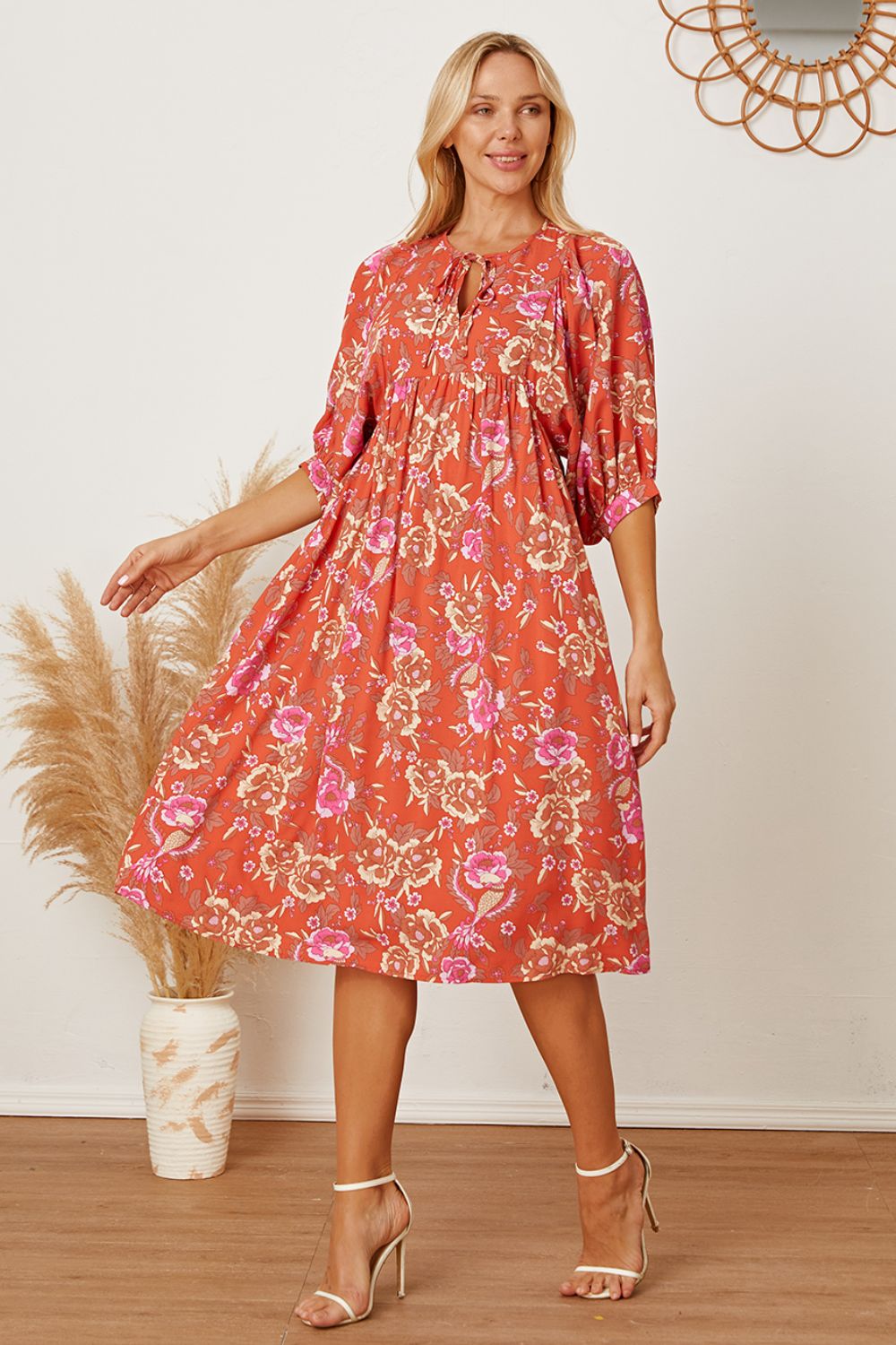 Floral Tie Neck Half Sleeve Dress-Angel Casuals
