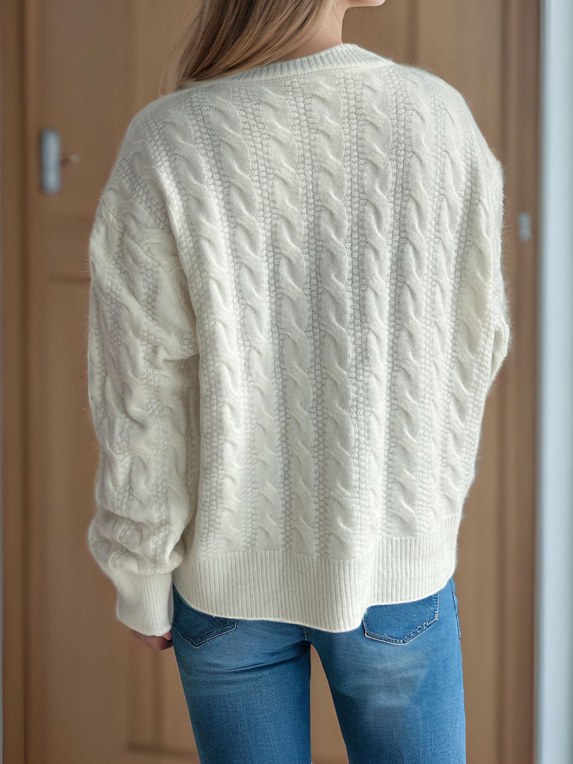 Cable-Knit Round Neck Long Sleeve Cardigan-Angel Casuals