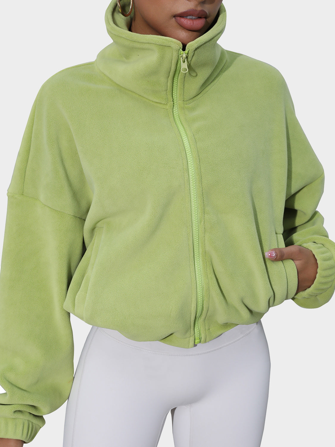 Drawstring Turtleneck Zip Up Long Sleeve Jacket-Angel Casuals