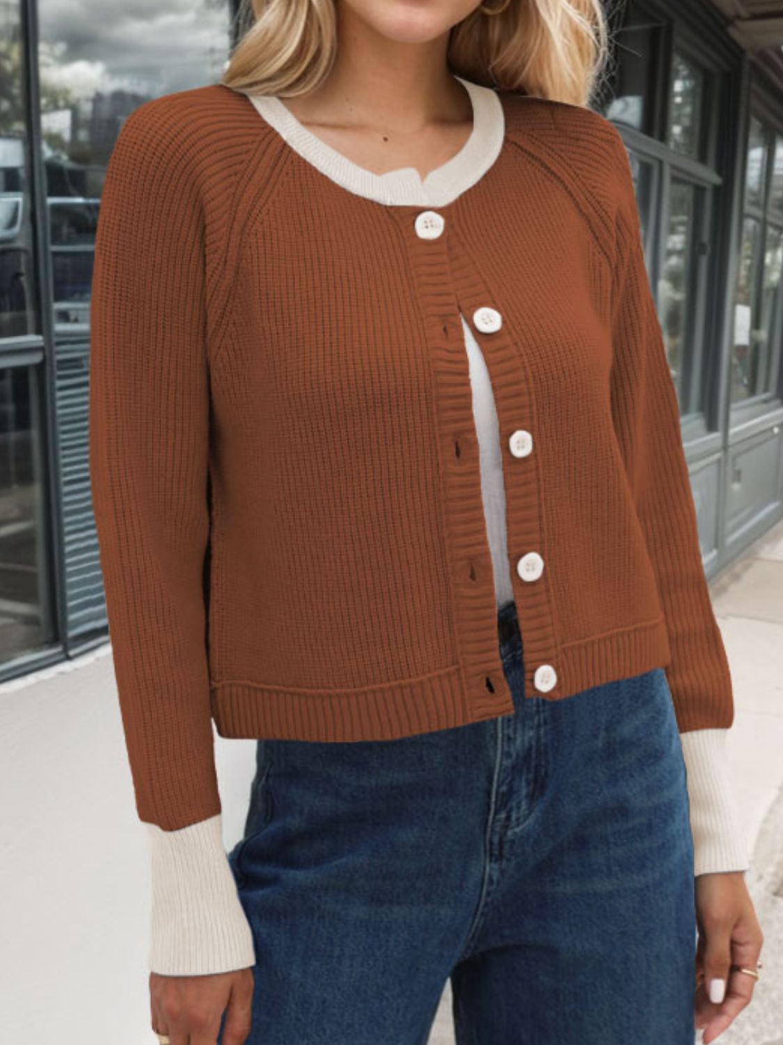 Contrast Button Up Long Sleeve Cardigan-Angel Casuals
