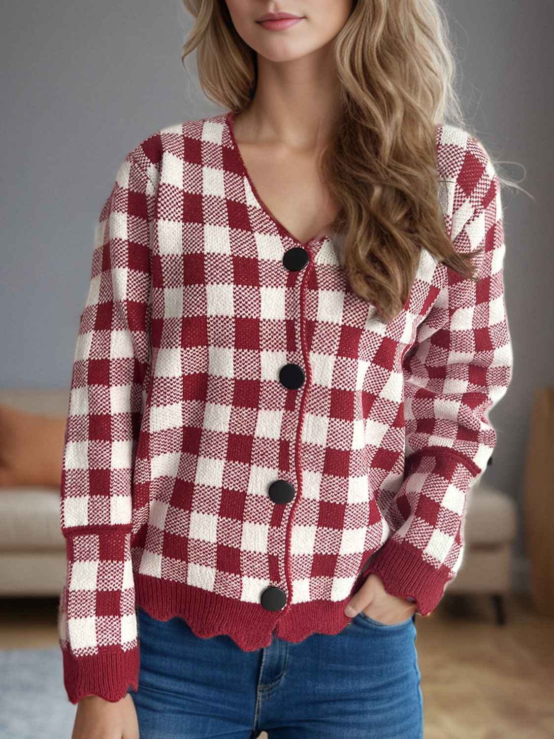 Plaid V-Neck Button Up Cardigan-Angel Casuals