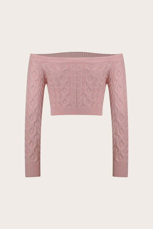 Cable-Knit Off-Shoulder Long Sleeve Sweater-Angel Casuals