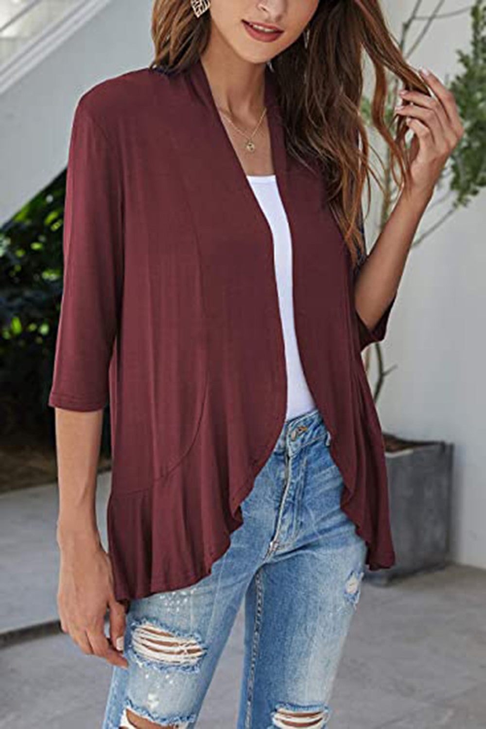 Open Front Three-Quarter Sleeve Cardigan-Angel Casuals