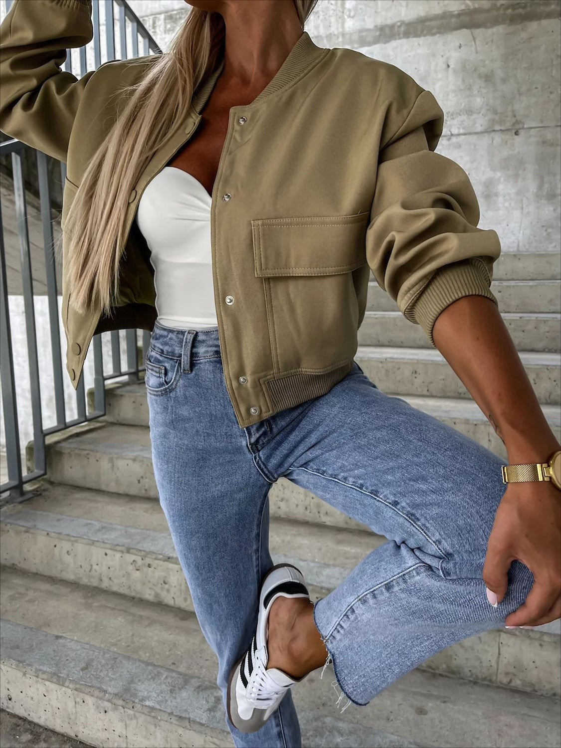 Baseball Collar Dropped Shoulder Jacket-Angel Casuals