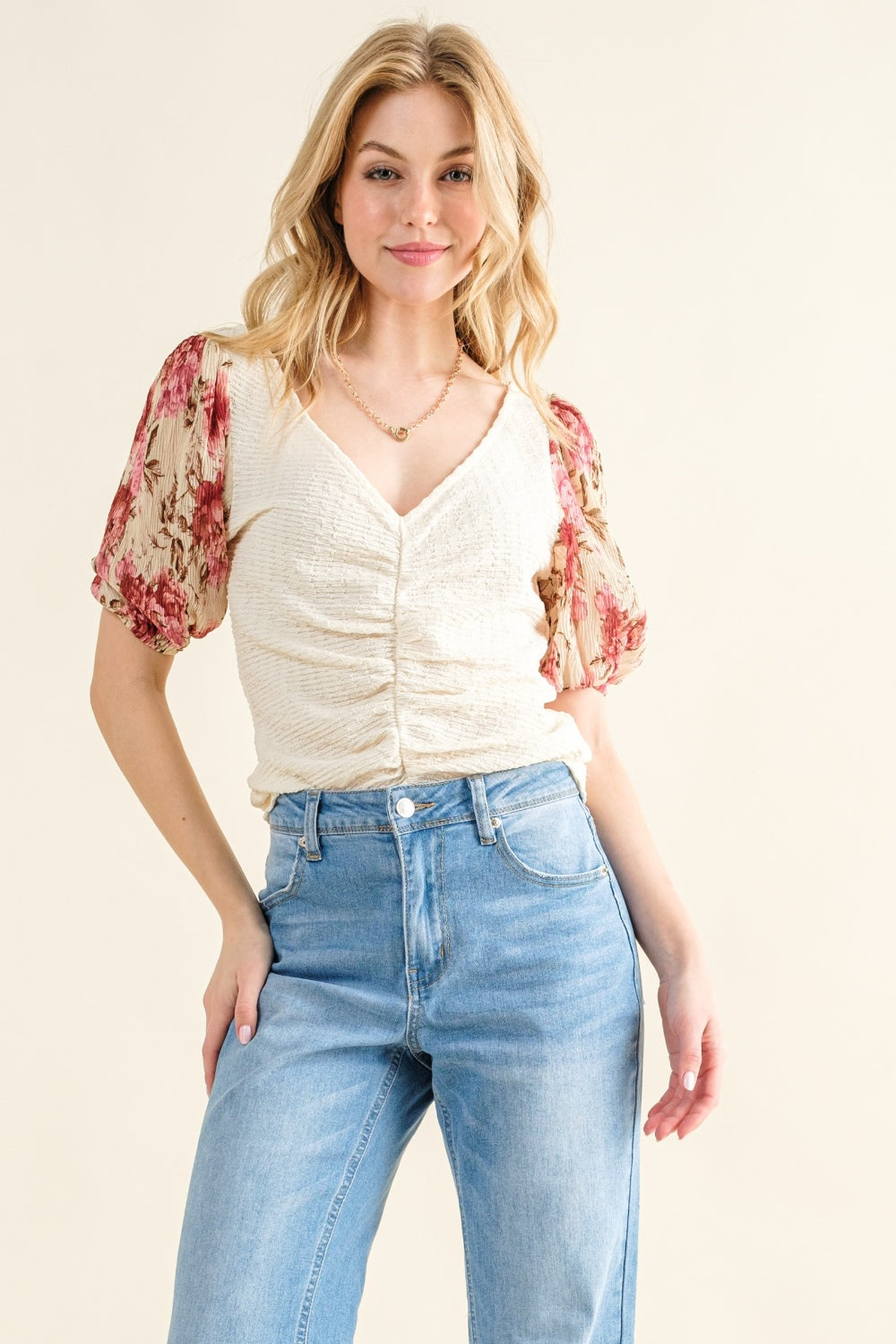 And The Why Full Size Floral Print Textured Sleeve Knit Top-Angel Casuals