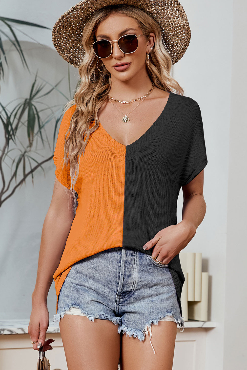 Color Block V-Neck Short Sleeve Knit Top-Angel Casuals
