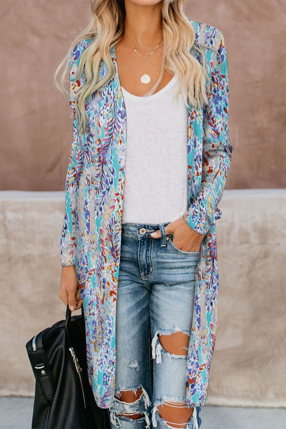 Double Take Printed Open Front Longline Cardigan-Angel Casuals