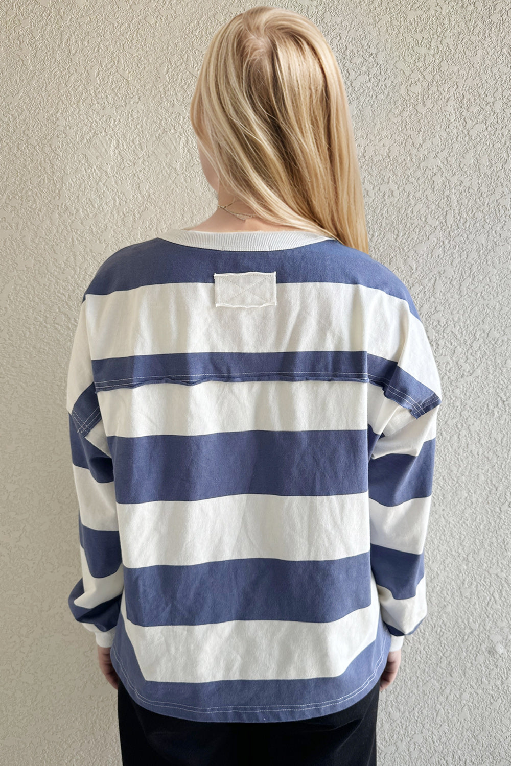 Oh Pima Cotton Wash Exposed Seam Contrast Striped Round Neck Long Sleeve T-Shirt-Angel Casuals