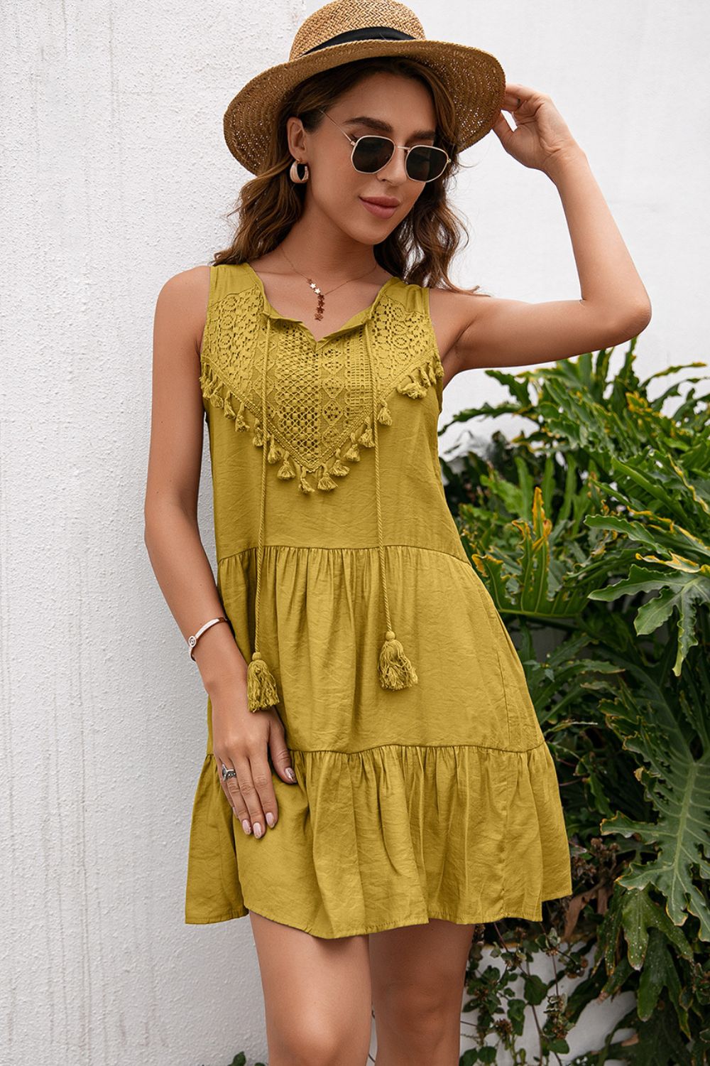 Tassel Tie Lace Trim Sleeveless Dress-Angel Casuals