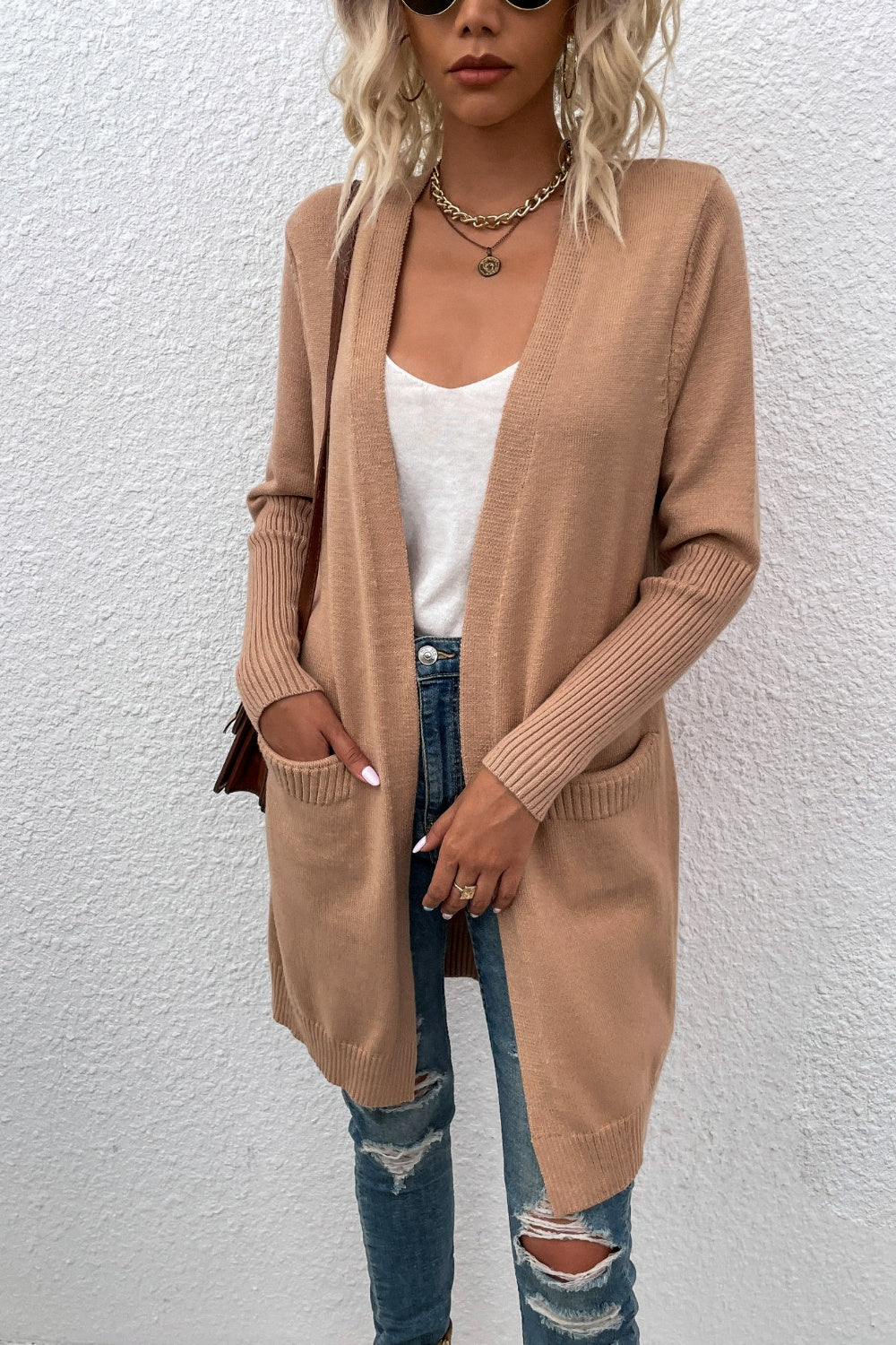Open Front Long Sleeve Cardigan with Pockets-Angel Casuals
