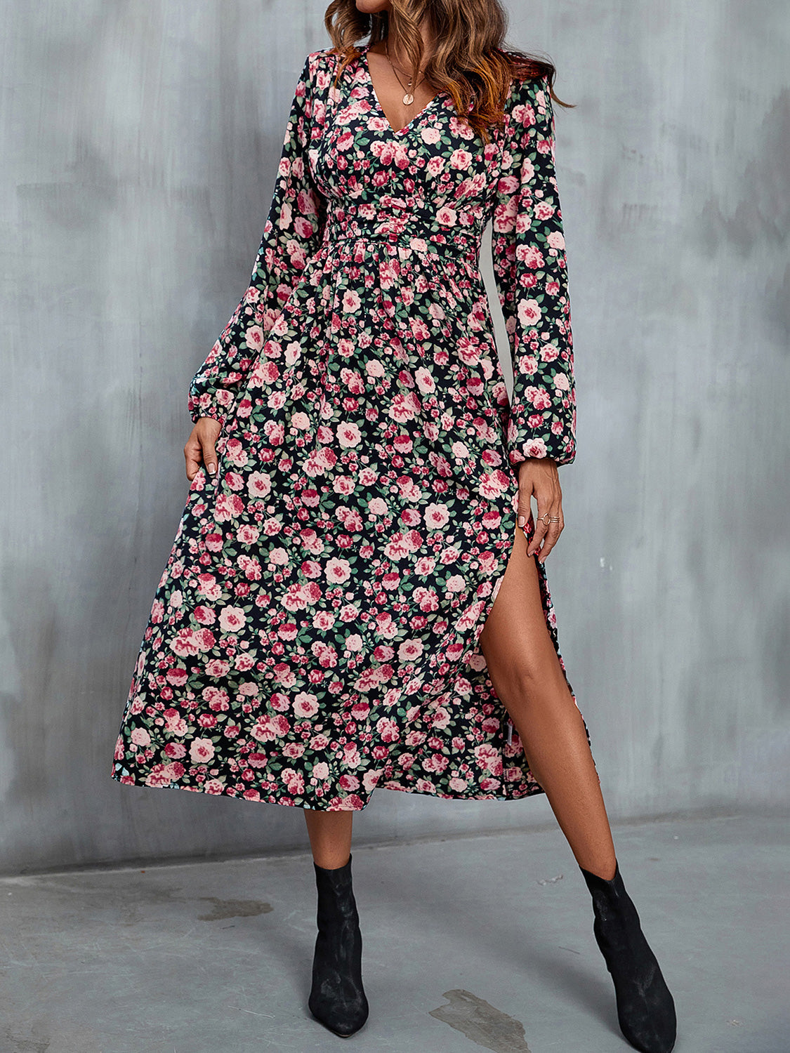 Floral V-Neck Slit Midi Dress-Angel Casuals