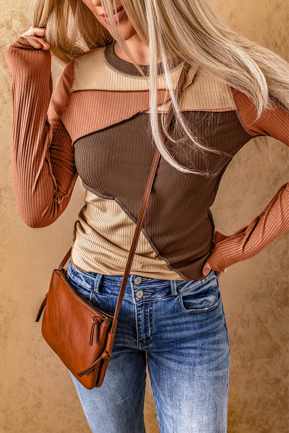 Exposed Seam Contrast Round Neck Long Sleeve T-Shirt-Angel Casuals