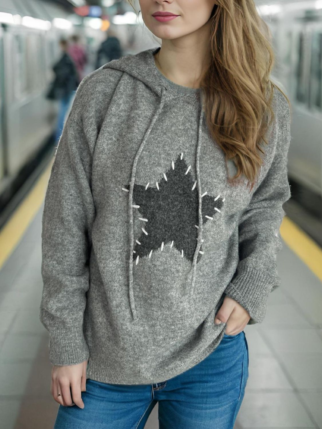 Drawstring Star Long Sleeve Hooded Sweater-Angel Casuals