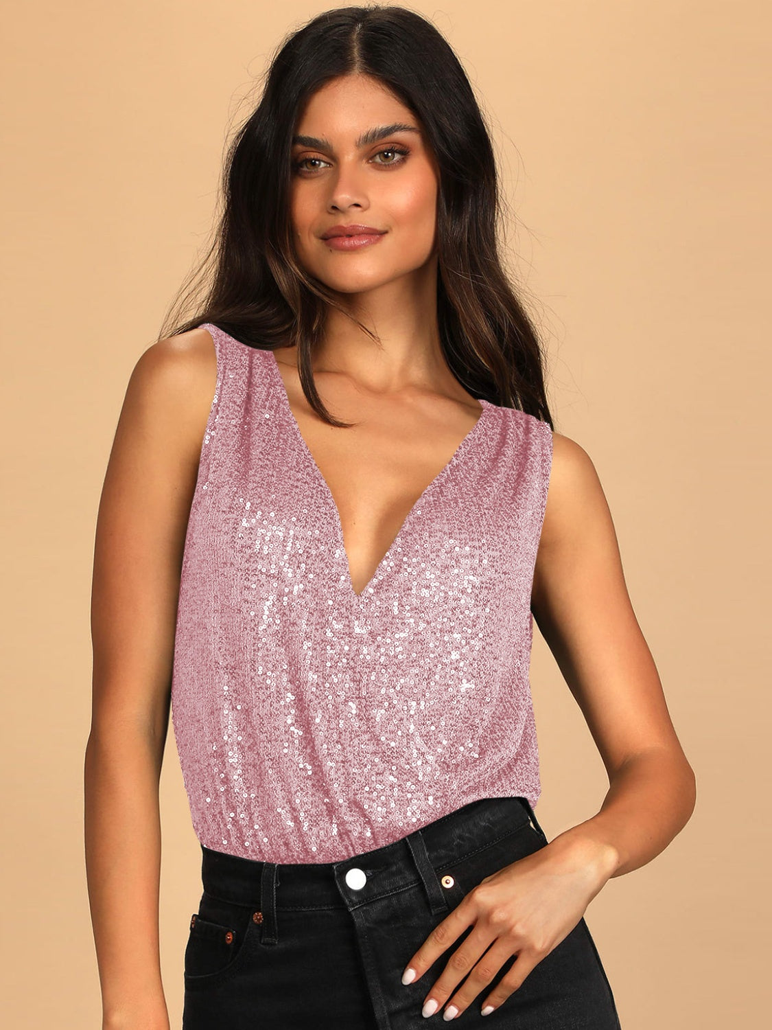 Sequin Surplice Sleeveless Bodysuit-Angel Casuals