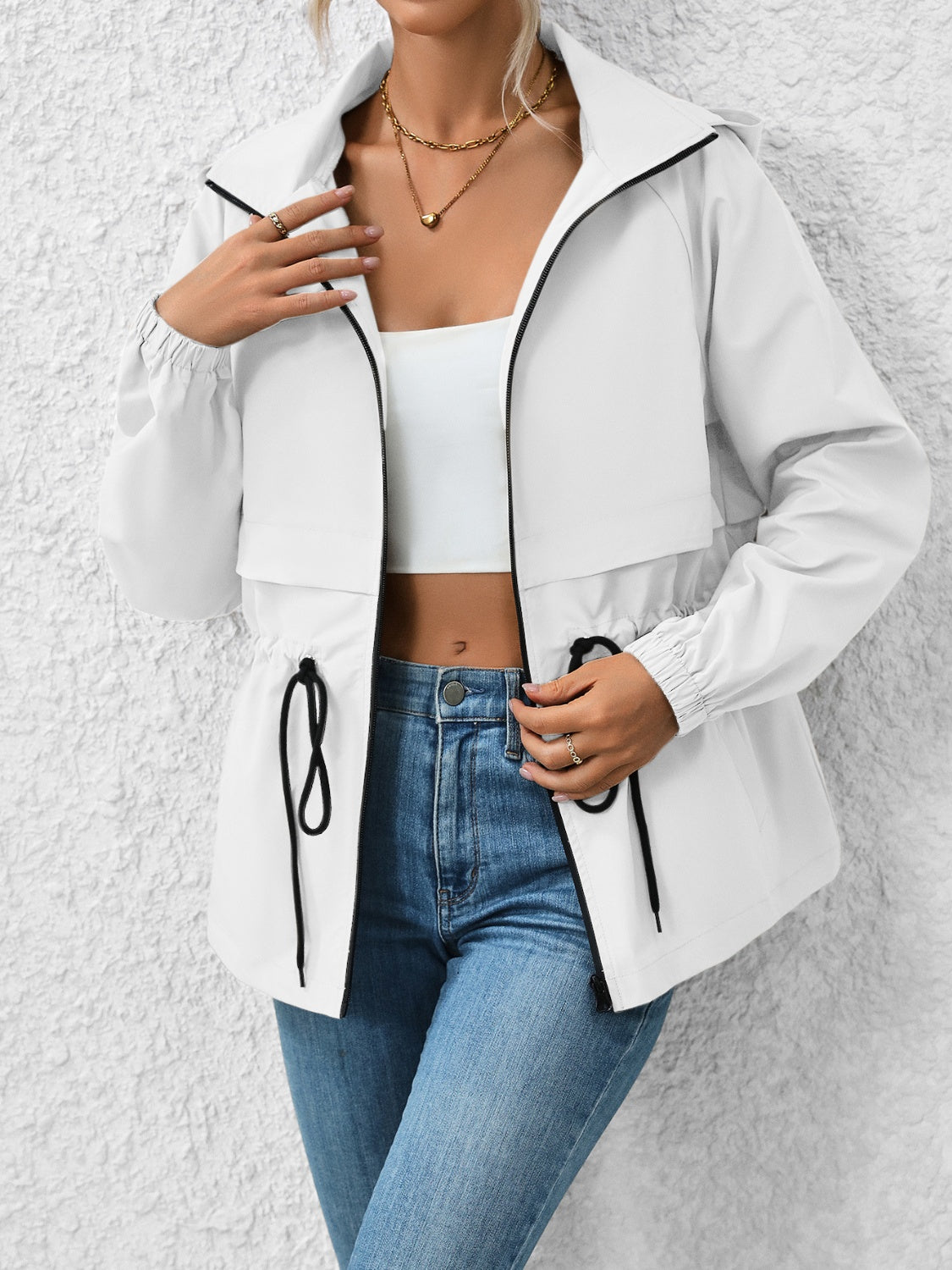 Ivy Lane Drawstring Zip Up Hooded Jacket-Angel Casuals