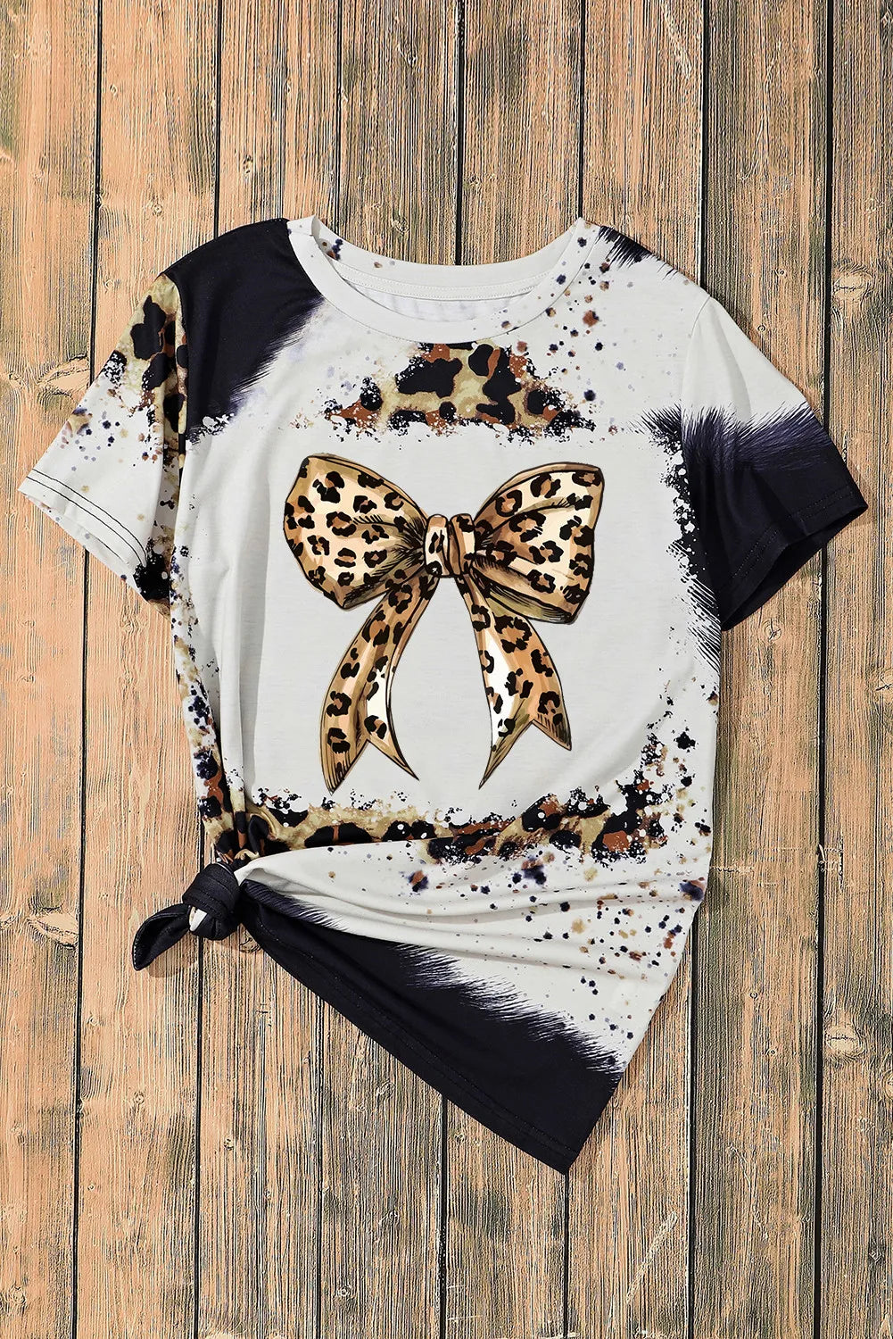 Bow Graphic Leopard Round Neck Short Sleeve T-Shirt-Angel Casuals