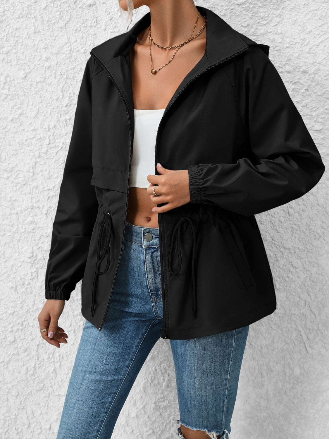 Ivy Lane Drawstring Zip Up Hooded Jacket-Angel Casuals