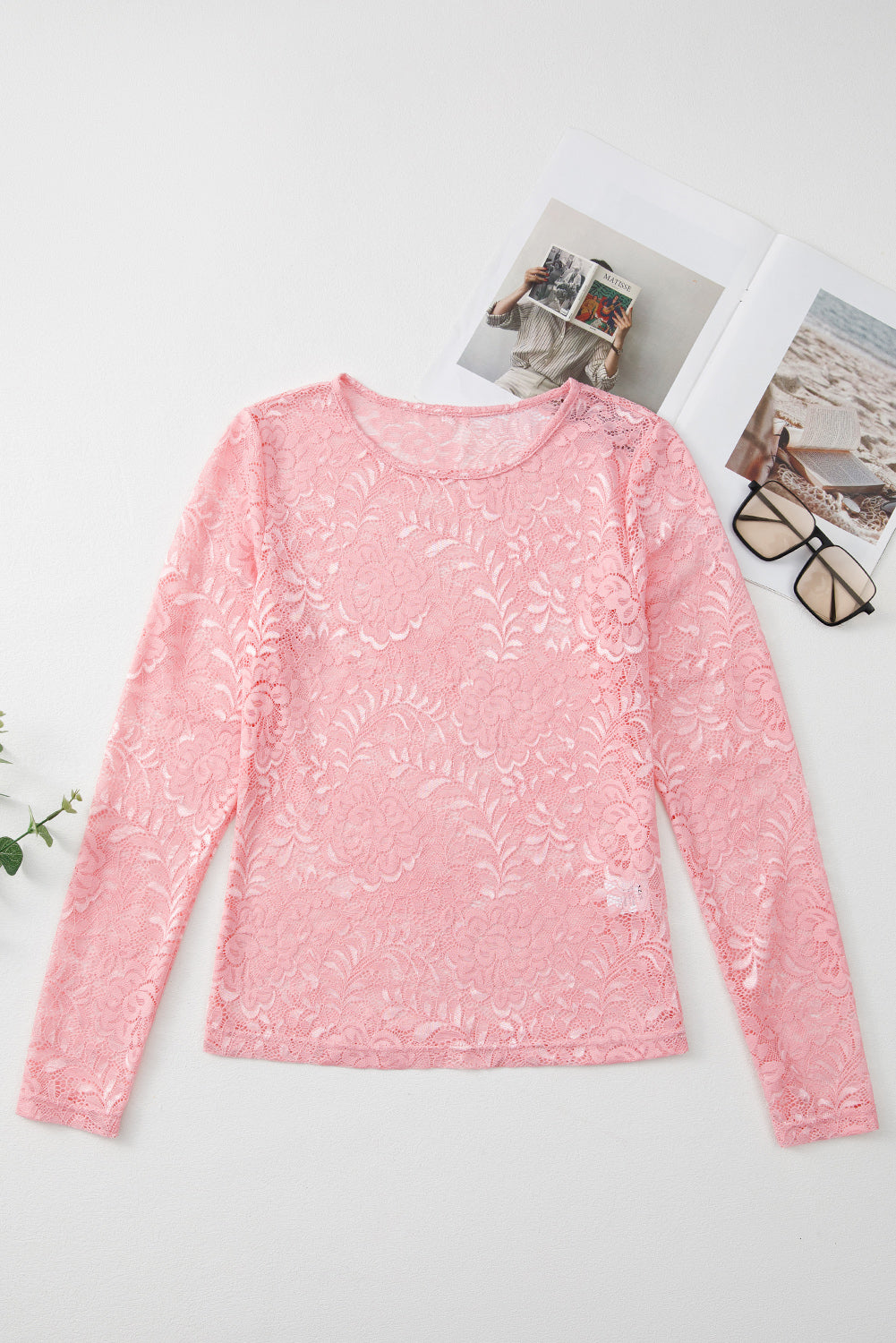 Lace Flower Round Neck Long Sleeve Top-Angel Casuals