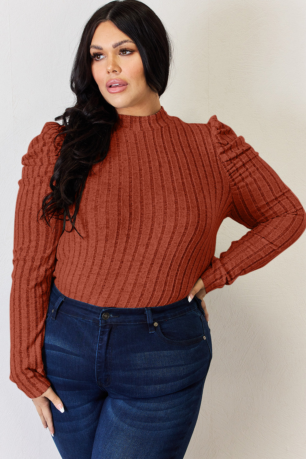 Basic Bae Full Size Ribbed Mock Neck Puff Sleeve T-Shirt-Angel Casuals